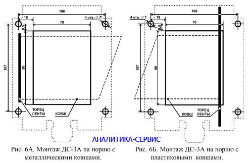 Схема монтажа датчиков ДС-3 на норию с металлическими или пластиковыми ковшами