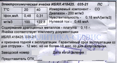 Ячейка электрохимическая на СО ИБЯЛ418.425.035-21 к ДАХ-СО-200 образец этикетки