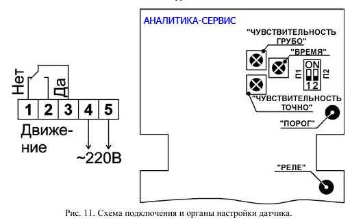 Схема подключения РДД-02 и органы настройки датчика