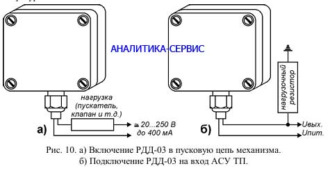 схема включения сигнализатора РДД-03 для непосредственного управления пусковой аппаратурой механизма