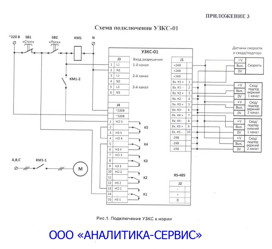 Электрическая схема подключения УЗКС-01 к нории
